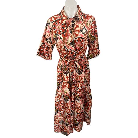 Zara Red Multicolor Floral Short Sleeve Tie Waist Tiered Maxi Shirt Dress Size L - Picture 1 of 5